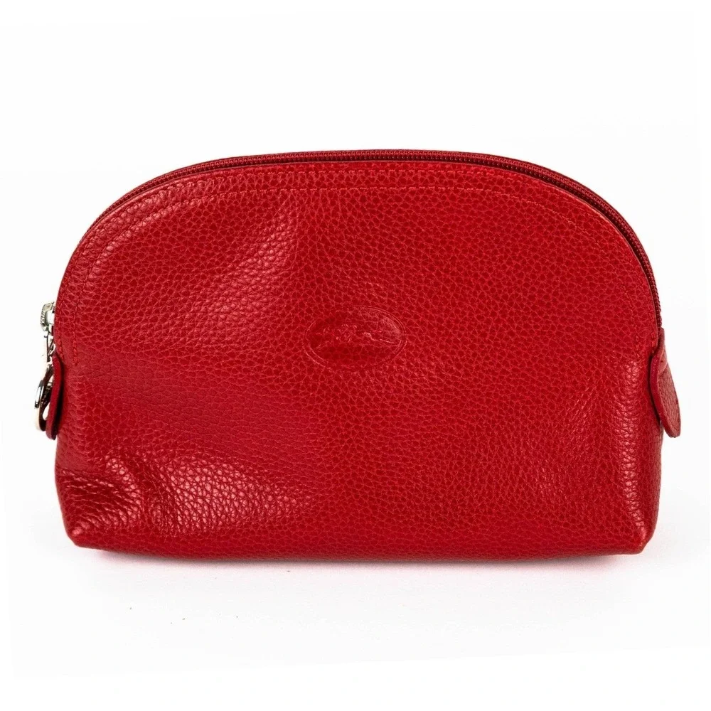 Longchamp Le Foulonné Red Pebbled Leather Dome Cosmetic Case